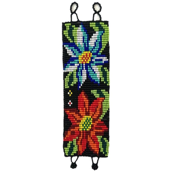Wide Cuff Seed Bead Adjustable Black Multicolored Floral Bracelet NWOT - Picture 1 of 10